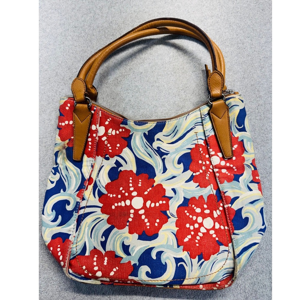 Rosetti Floral Canvas Shoulder Tote Purse Red Blue White Print Faux Leather Trim